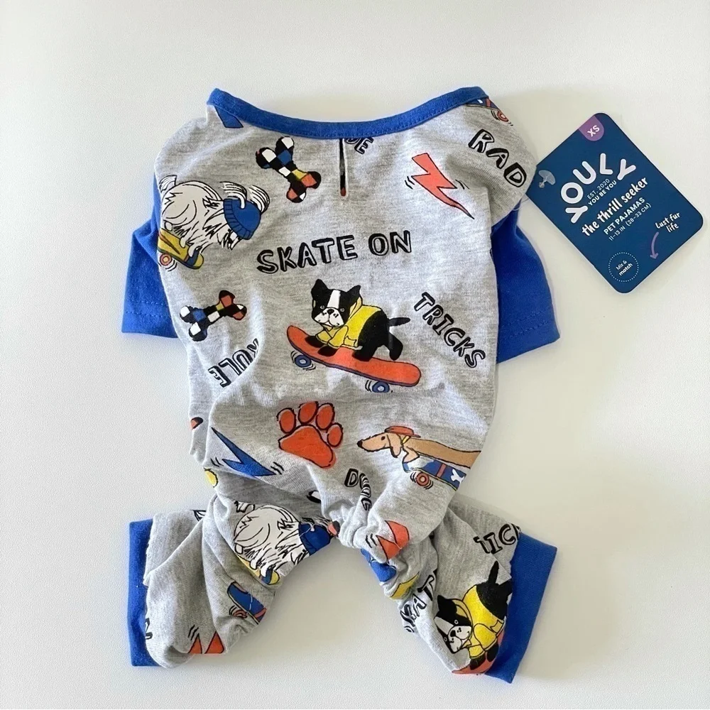 NWT Youly Skater Graphic Dog Pajamas Blue Grey XS